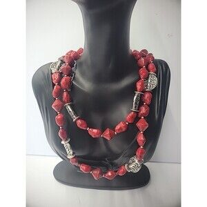 Vintage Premier Designs Necklace Beaded Red Silver Tone Jewelry Costume